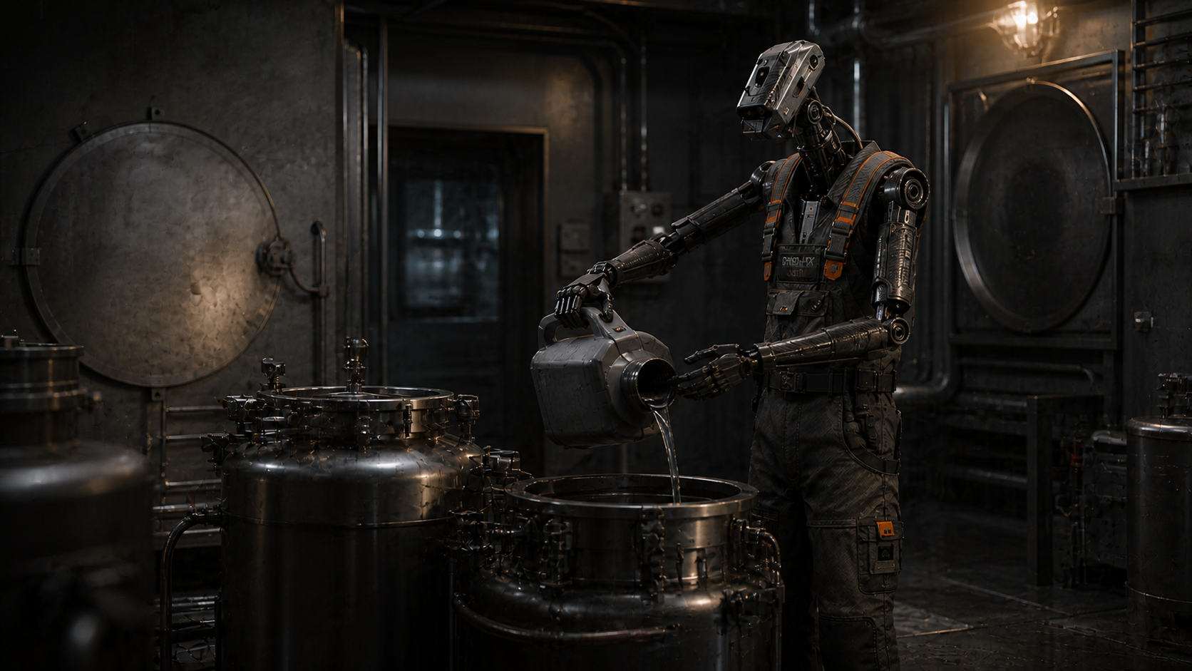 Soko A01, a humanoid industrial robot, carefully handling a process vessel in a hazardous work environment.